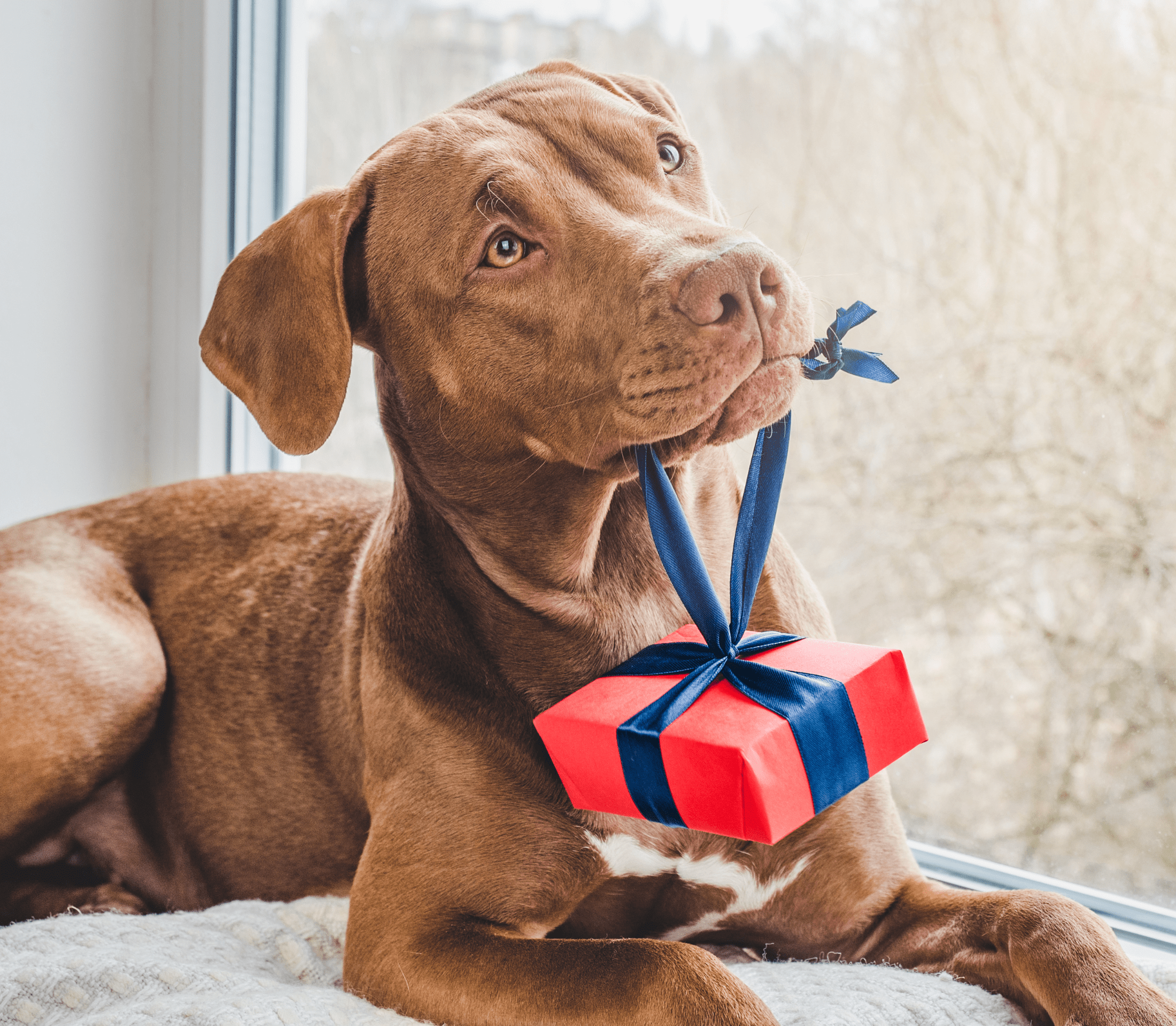 Brown dog biting on a blue ribbon with a red gift